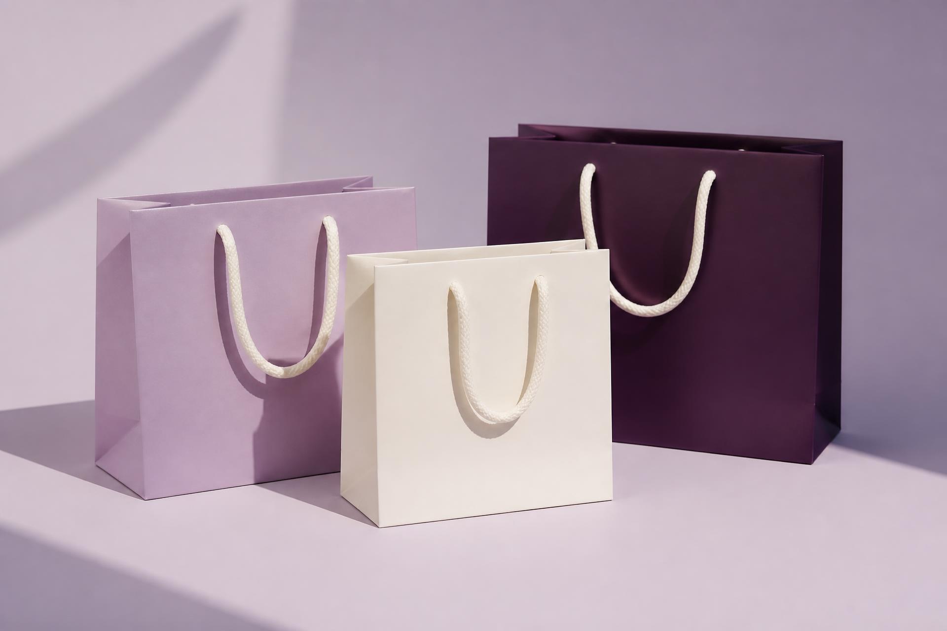 Luxury rope-handle carrier bags in lilac, cream and plum on a pale lilac backdrop