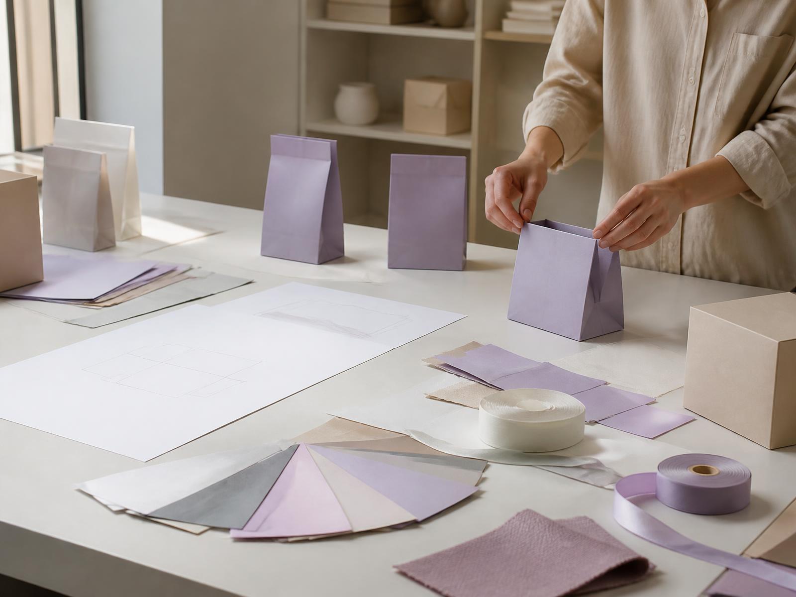 A designer assembling a lilac paper bag prototype among swatches and dielines